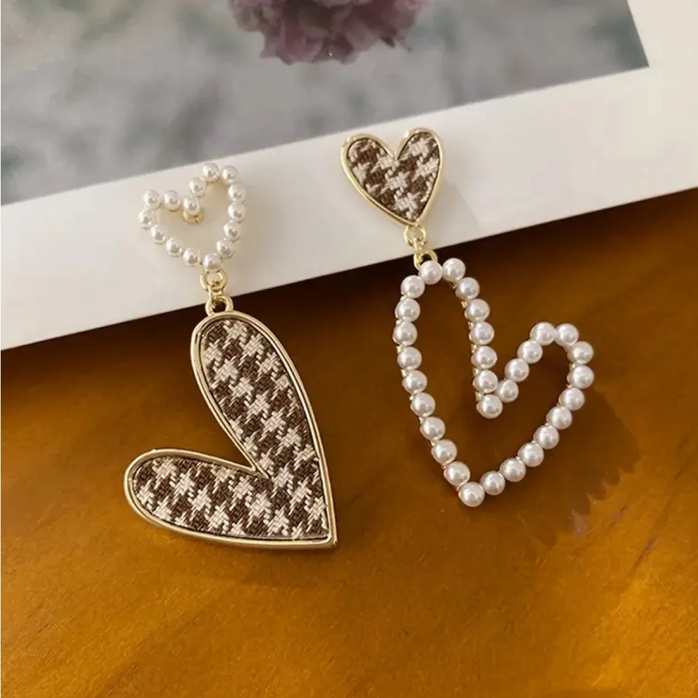 Plaid Double Heart Faux Pearl Earrings
